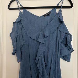 Cropped chambray ruffle shirt with keyhole shoulders